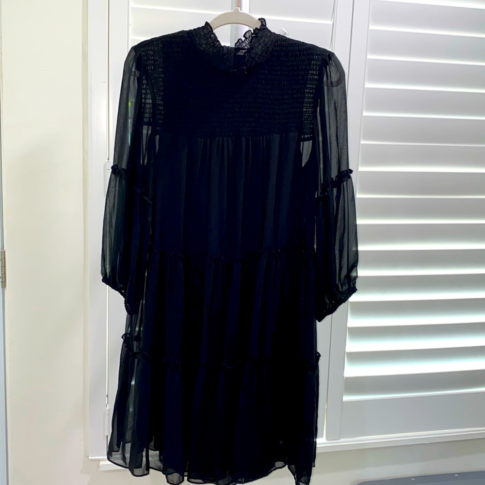 Maison Tara black ruched layered ruffle tiered dress chiffon. Size 12